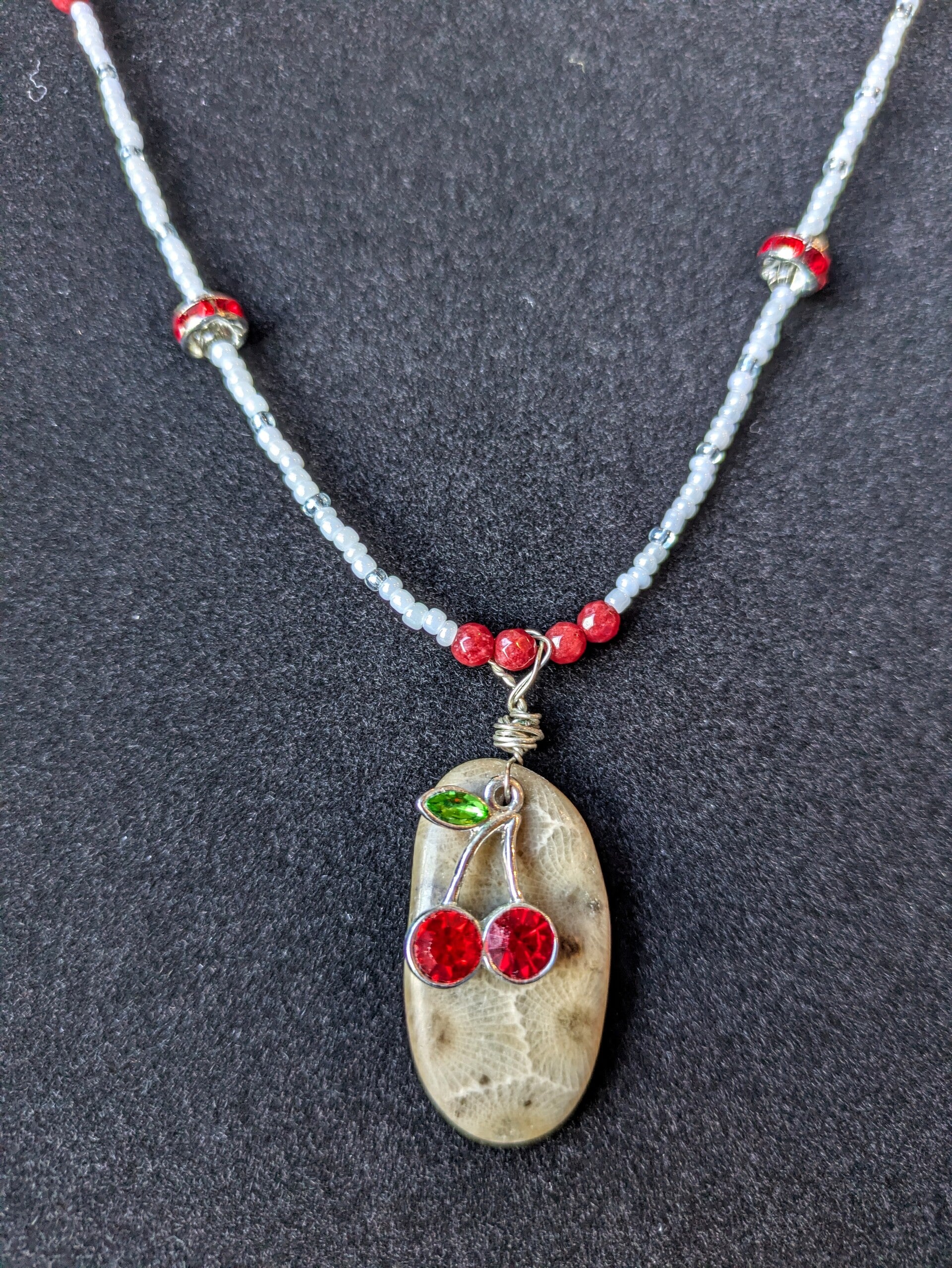 Lake Michigan Petoskey Stone Hand Beaded Necklace with Cherry Charm