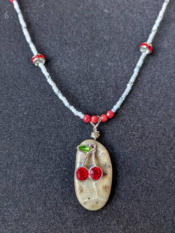 Lake Michigan Petoskey Stone Hand Beaded Necklace with Cherry Charm