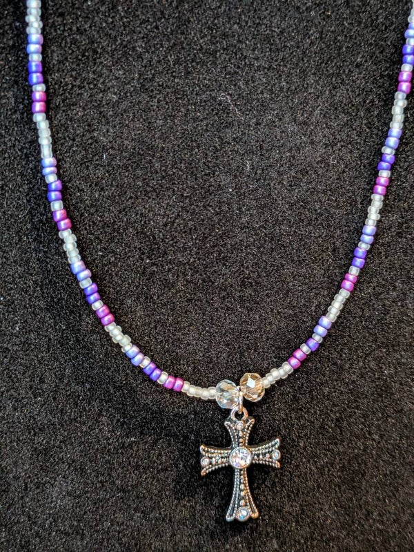 Glow in the Dark Hand Beaded Cross Necklace