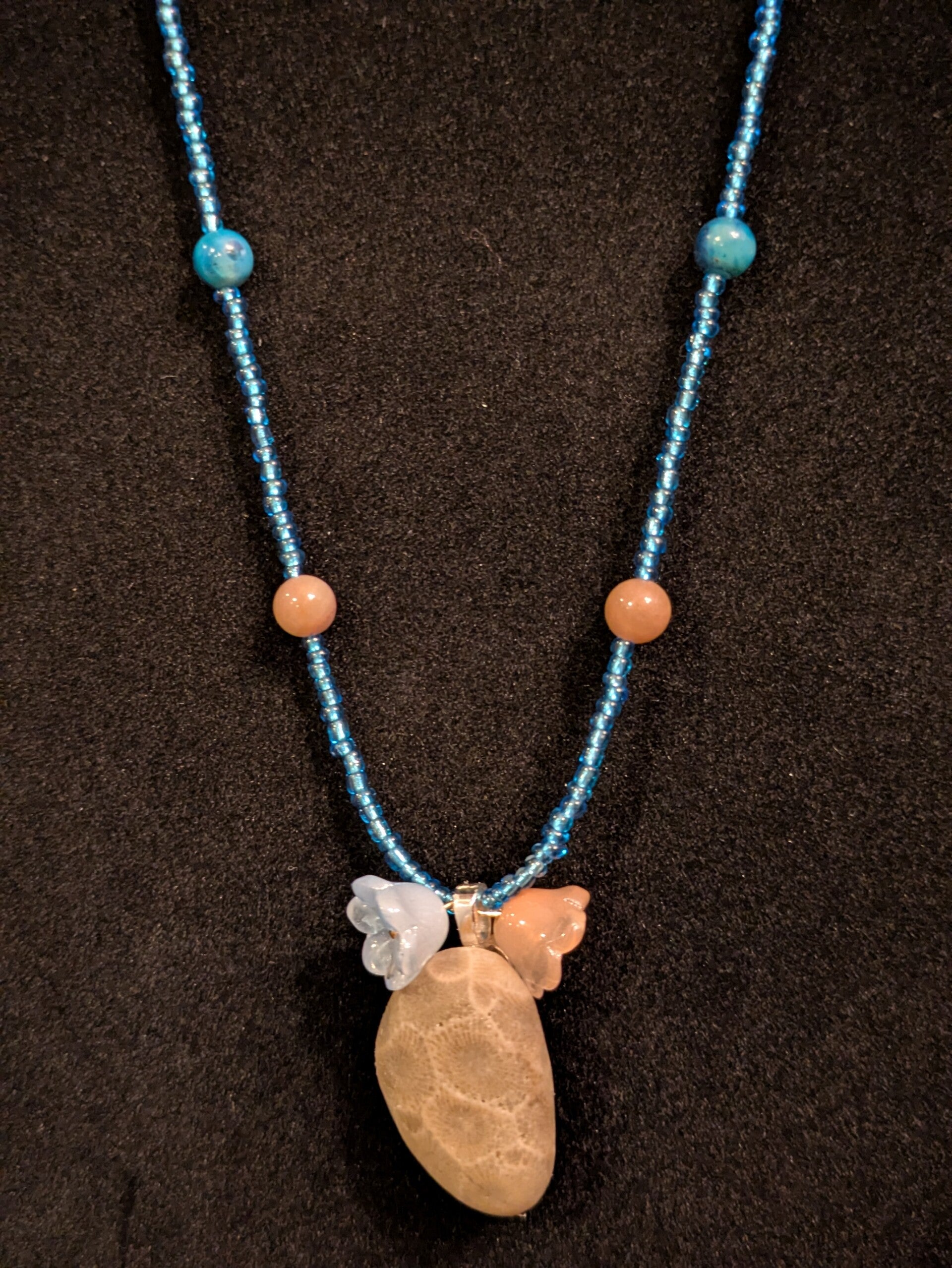Crystal Lake Blue Petoskey Stone Hand Beaded Necklace