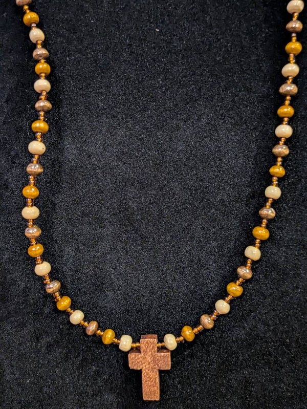 Wooden Hand Beaded Cross Necklace