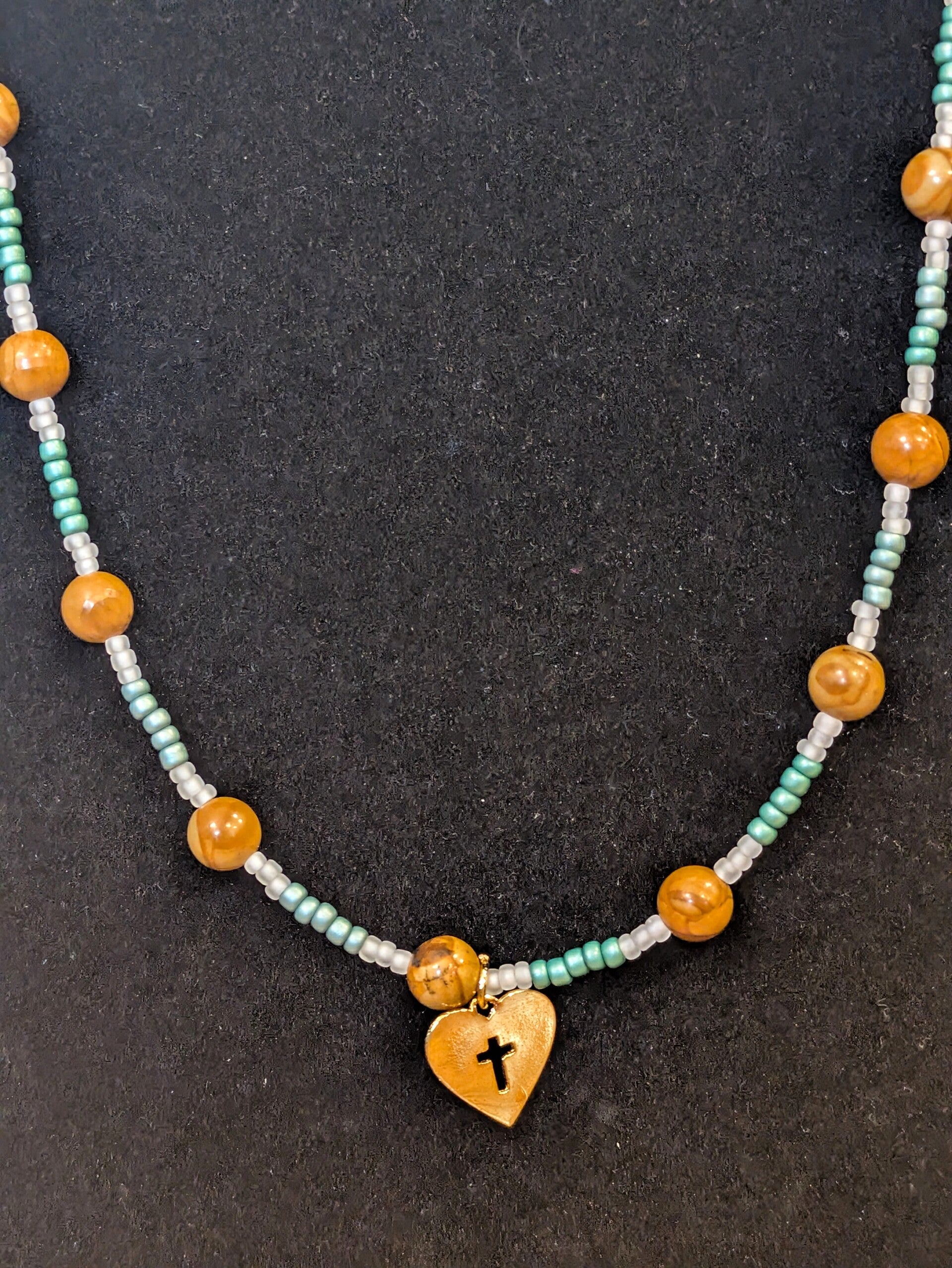 Hand Beaded Heart Cross Necklace