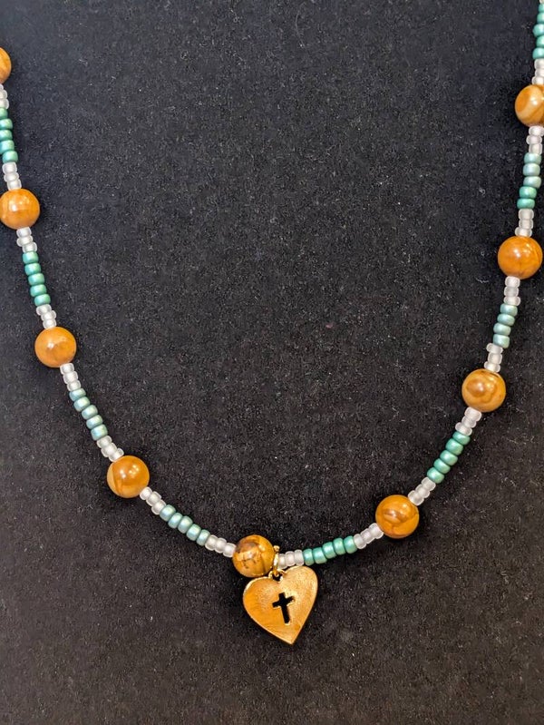 Hand Beaded Heart Cross Necklace