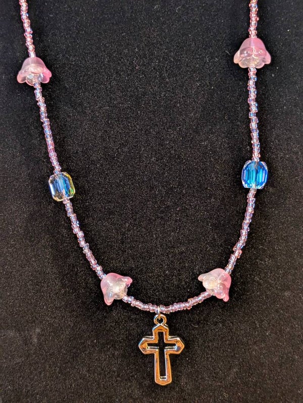 Pink Floral Hand Beaded Cross Necklace