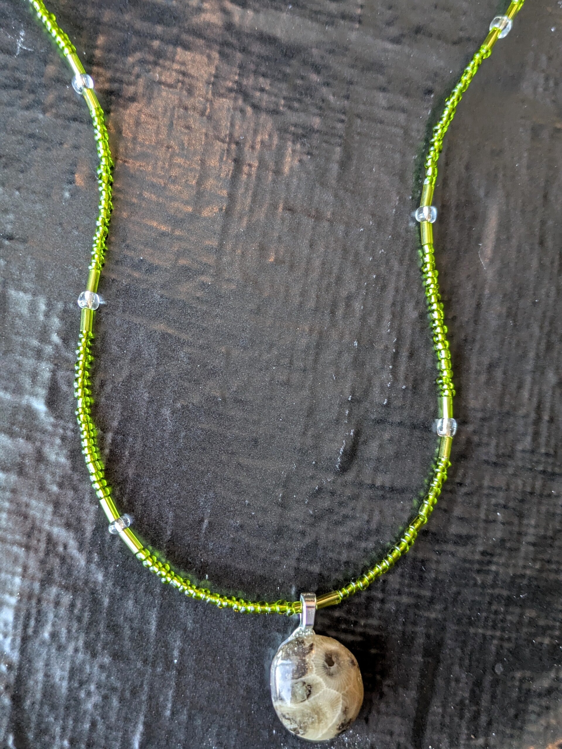 Hand Beaded Seaweed Green Petoskey Stone Necklace