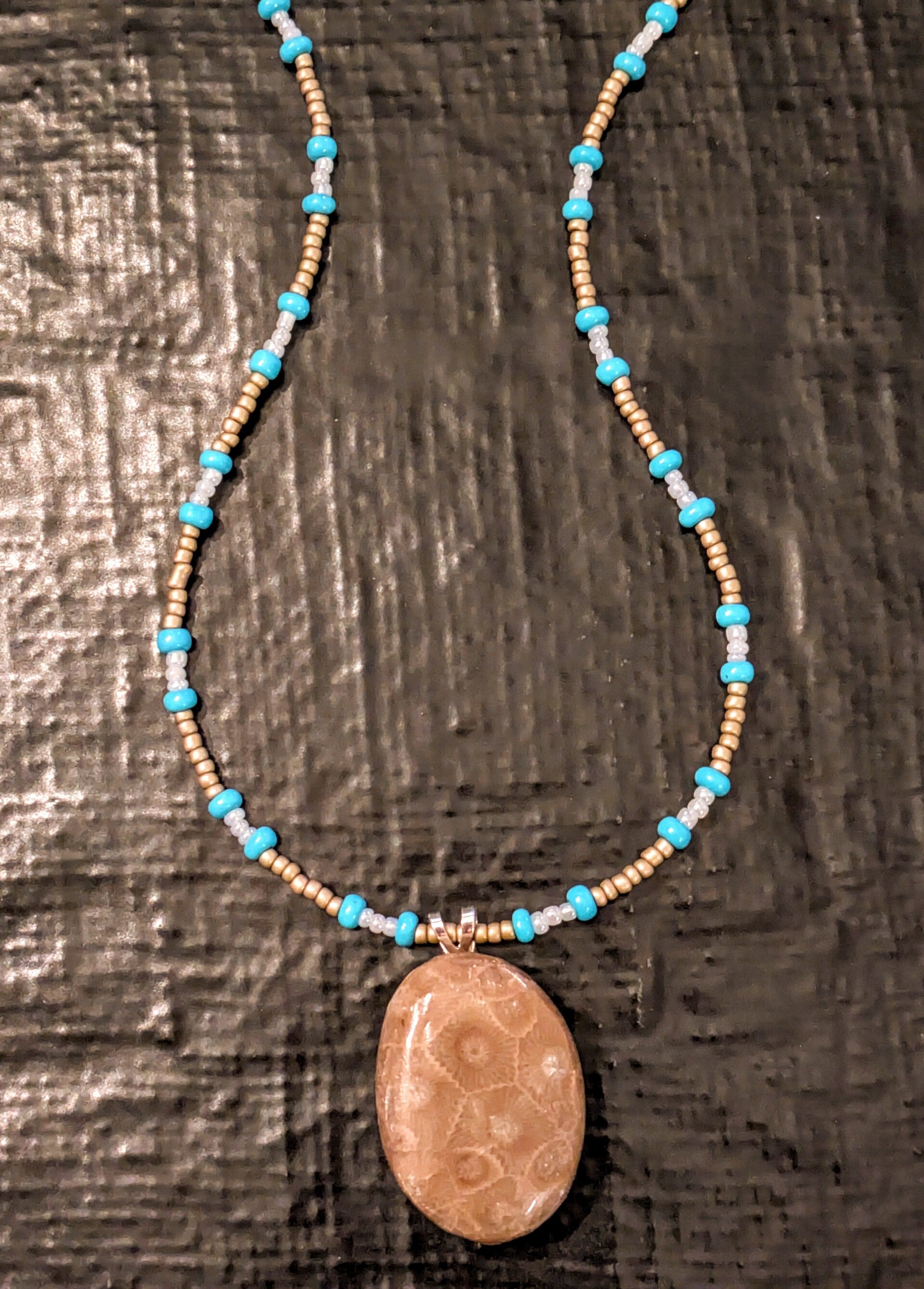Petoskey Stone Hand Beaded Necklace