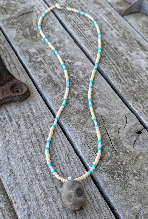 Lake Michigan Hand Beaded Petoskey Stone Necklace