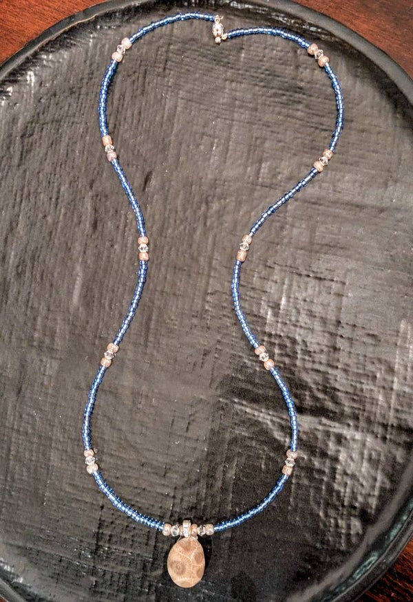 Lake Michigan Petoskey Stone Hand Beaded Necklace with Cherry Charm