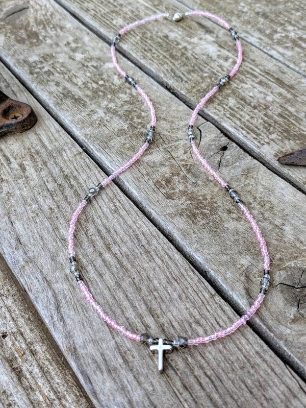 Hand Beaded Pink Cross Necklace