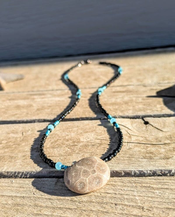 Black and Blue Beaded Petoskey Stone Necklace