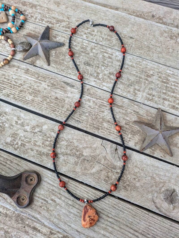 Hand Beaded Fire Orange Stone Necklace