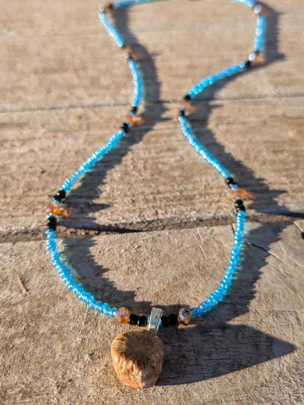 Hand Beaded Lake Blue Fragmented Fossilized Horn Coral Necklace