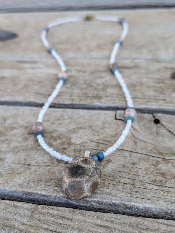 White Hand Beaded Petoskey Stone Necklace