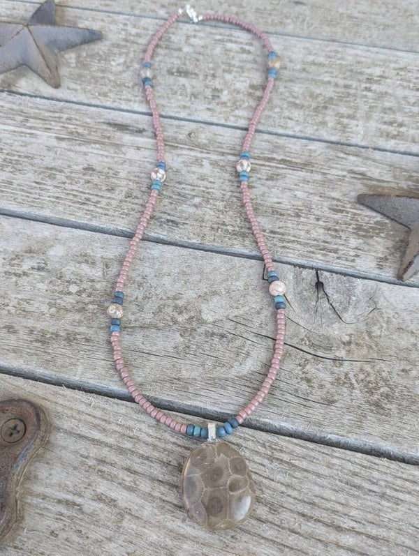 Brown and Turquoise Hand Beaded Petoskey Stone Necklace