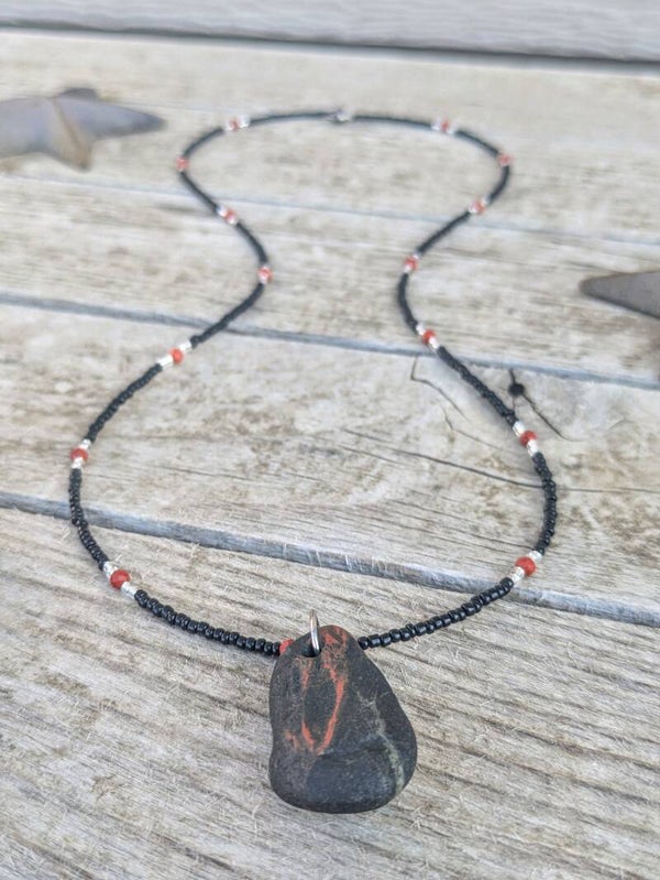 Red and Black Stone Hand Beaded Necklace