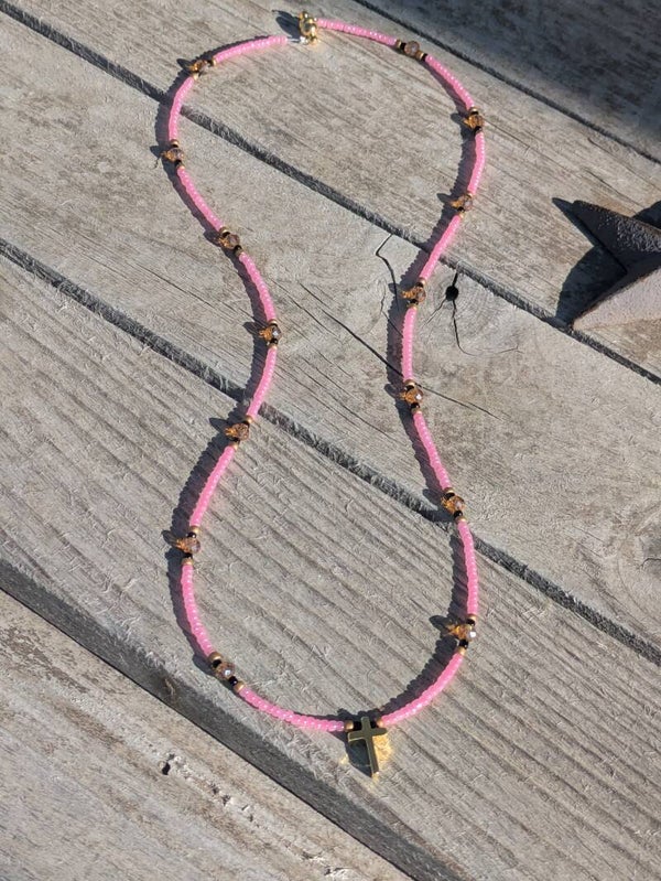 Hand Beaded Pink Cross Necklace