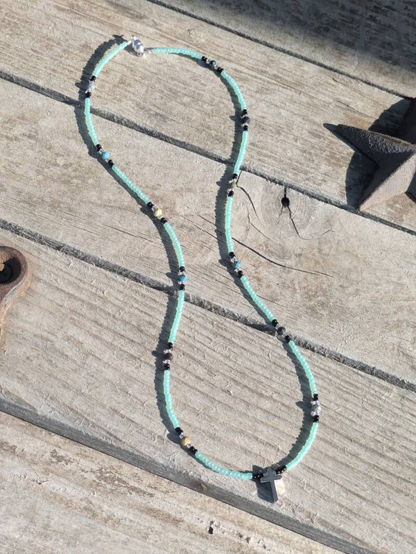 Hand Beaded Sea Green Cross Necklace