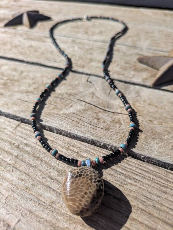 Distorted Charlevoix Fossil Pendant Beaded Necklace