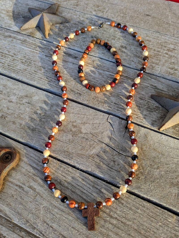 Wood Beaded Cross Necklace and Bracelet Set