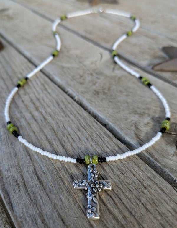 Flower Cross Charm Beaded Necklace