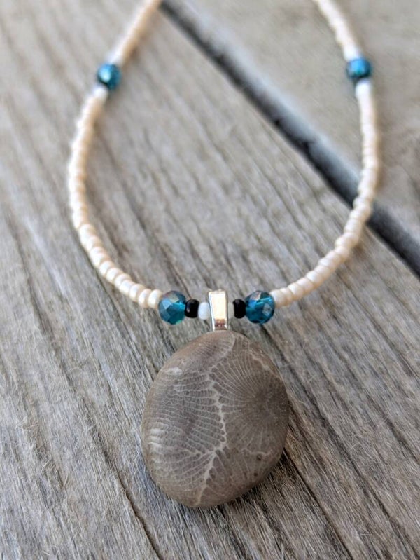 Lake Michigan Petoskey Stone Hand Beaded Necklace with Cherry Charm