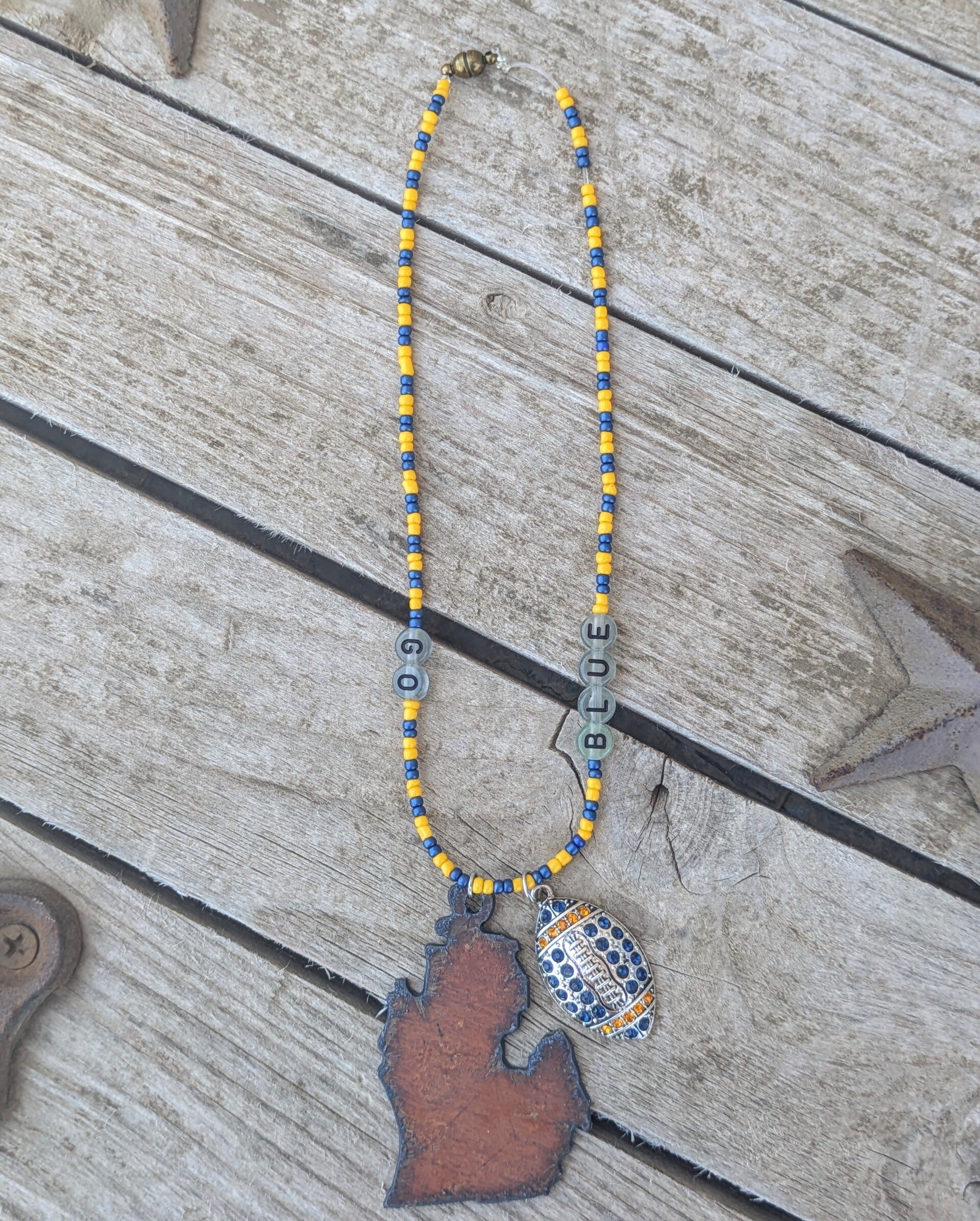 Go Blue Football Hand Beaded Michigan Car Charm