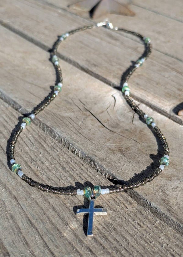 Gray and Teal Hand Beaded Cross Necklace