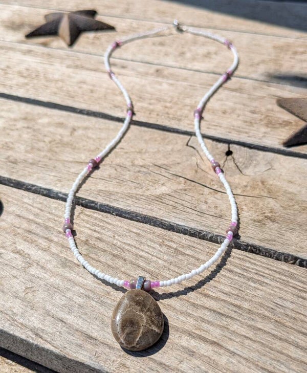 Pink Petoskey Hand Beaded Necklace