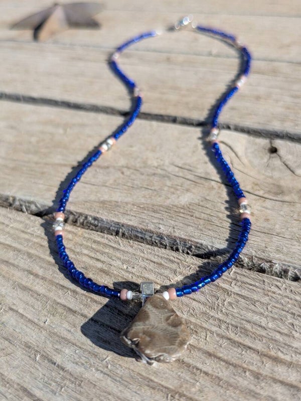 Deep Blue Petoskey Hand Beaded Necklace