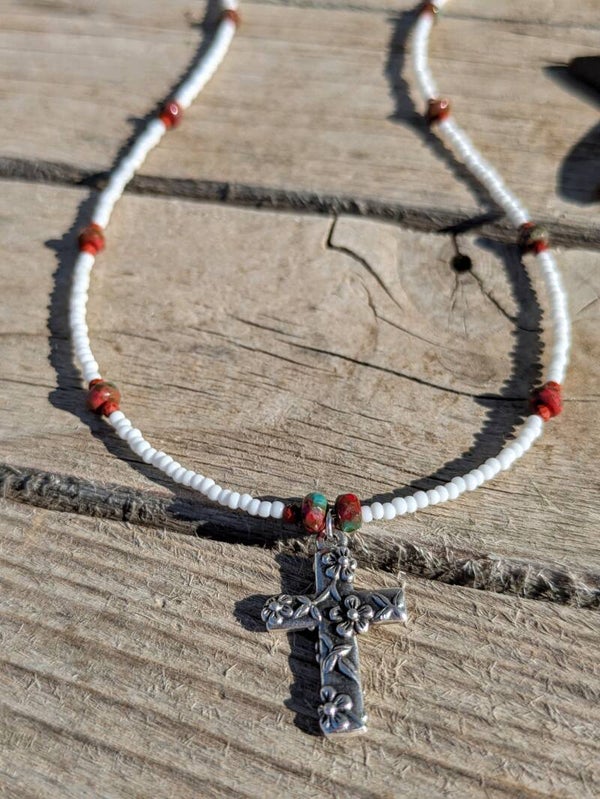 Sunset Hue Flower Cross Hand Beaded Necklace
