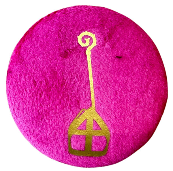 Baretspeld / button met Staf en Mijter roze
