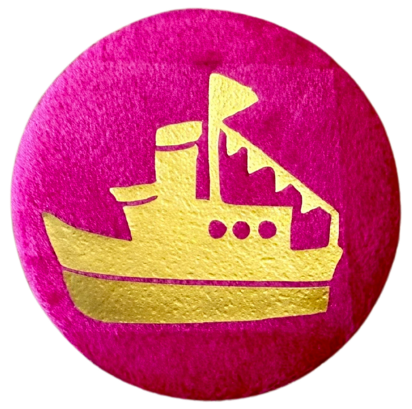 Baretspeld / button met de stoomboot roze