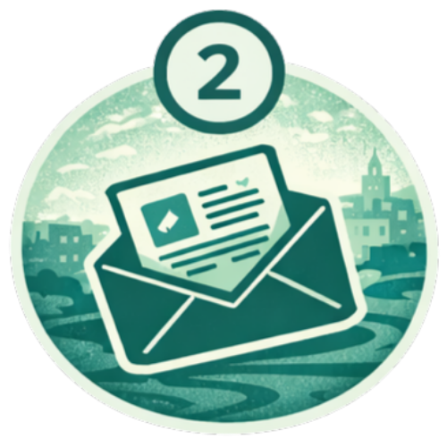 Illustrazione di una busta con una lettera che mostra la ricezione della storia di City Quest via e-mail.