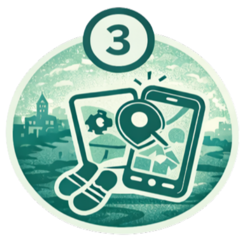 Illustrazione di una persona che cammina con un telefono e una mappa, che mostra il seguire gli indizi e risolvere enigmi in città.