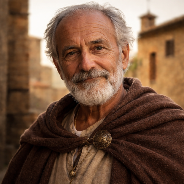 Ritratto di Larth, un saggio uomo anziano che guida la City Quest attraverso Volterra. (AI)