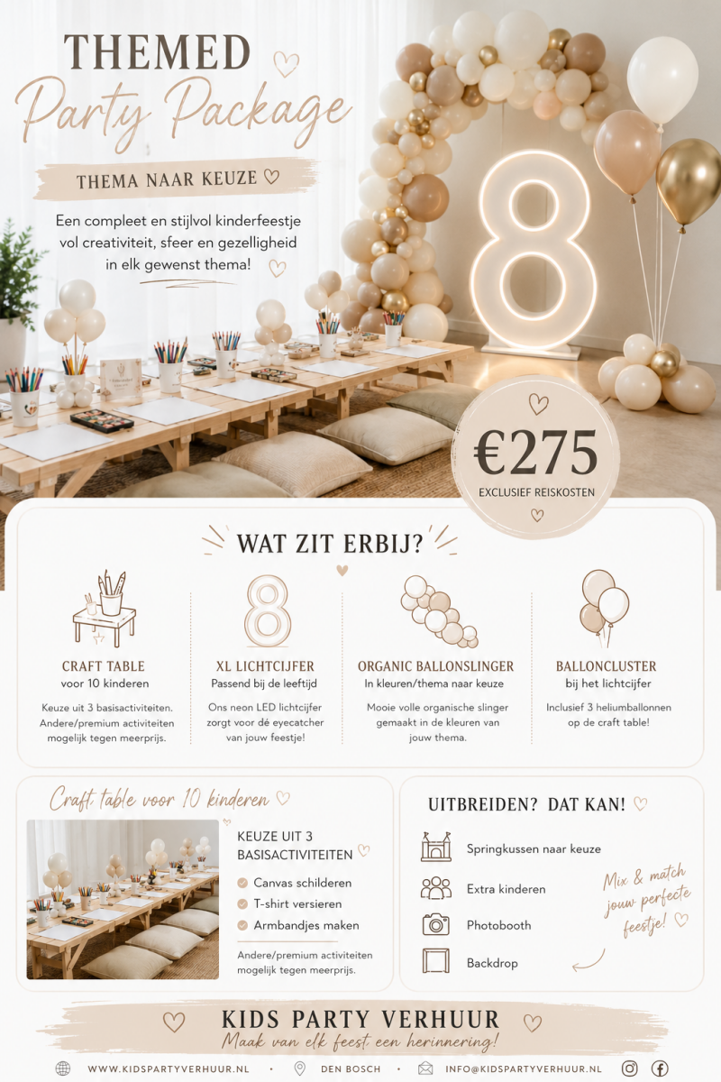 Themed Party Pakket van Kids Party Verhuur met craft table, XL LED-lichtcijfer en luxe ballondecoratie voor kinderfeestjes in Den Bosch, Brabant en omgeving.