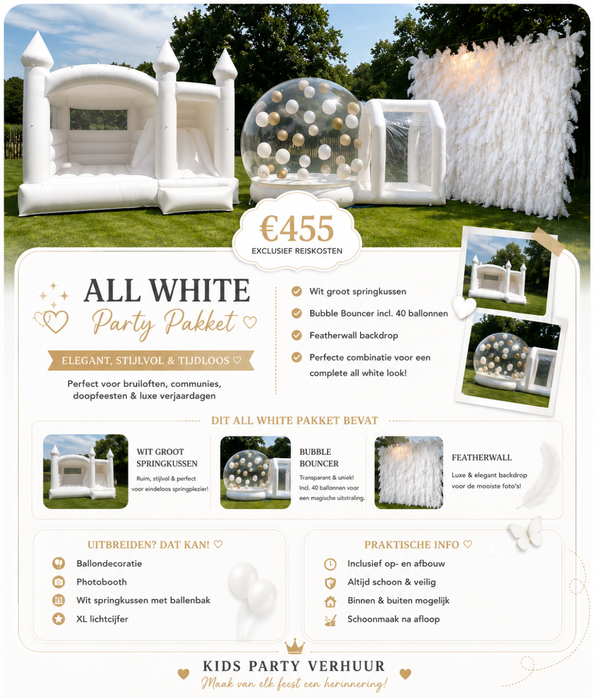 All White Party Pakket van Kids Party Verhuur met wit springkussen, Bubble Bouncer en Featherwall voor bruiloften, babyshowers, communies en luxe feesten in Den Bosch en Brabant.