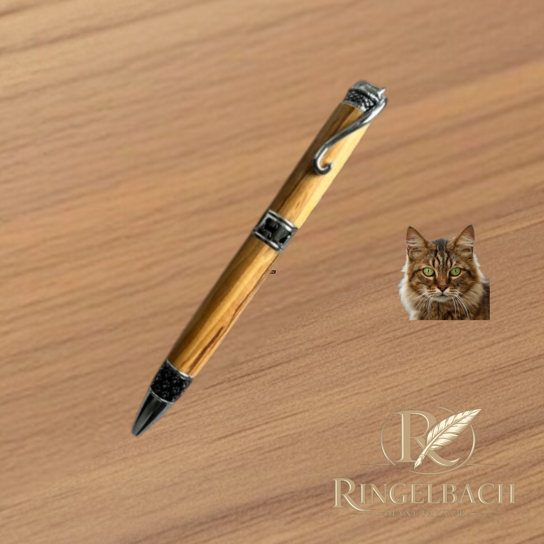 Dreh - Kugelschreiber  „ Katze ”  Holzart : Olive
