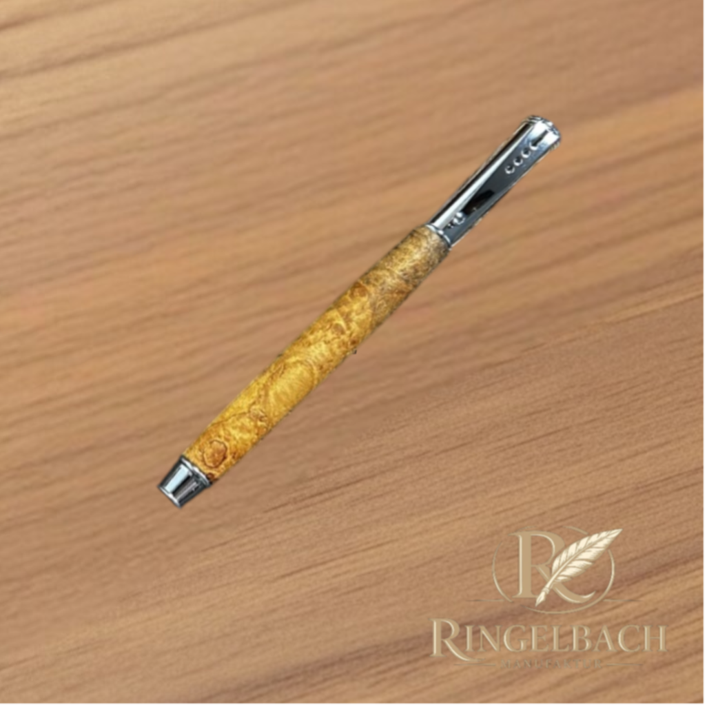 Tintenroller mit Klick-Kappe Chrom   Holzart : Ahorn/Maser