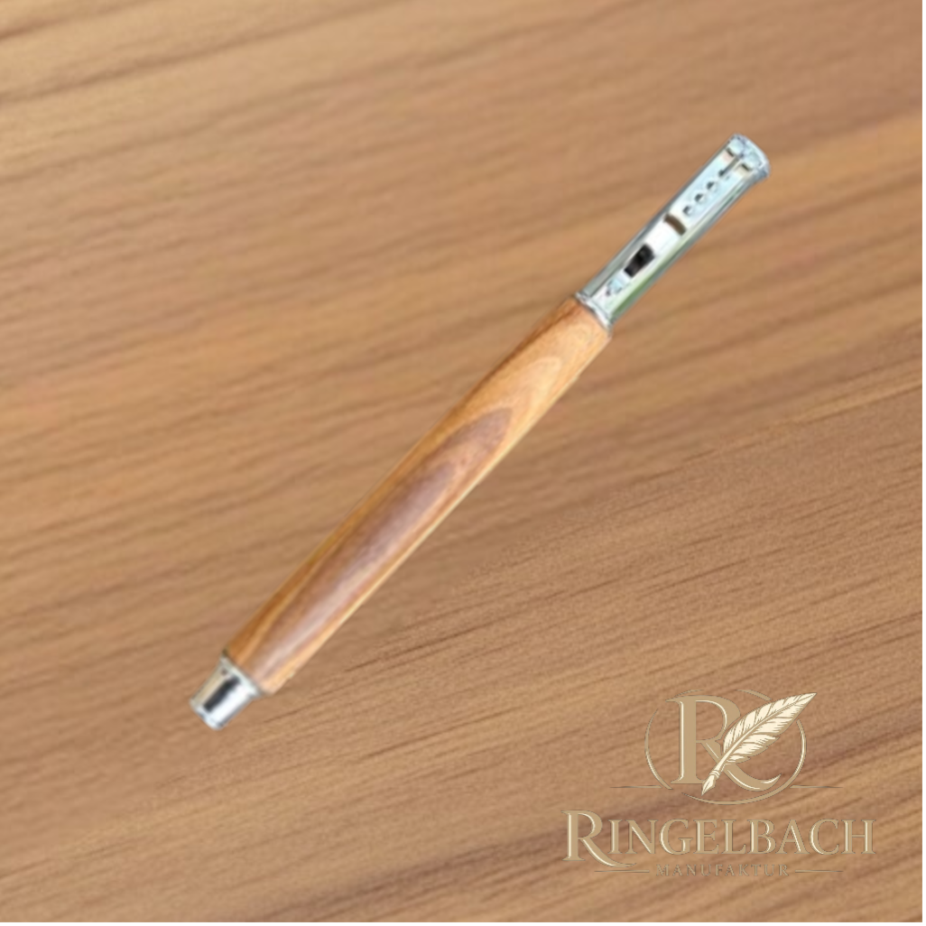 Tintenroller mit Klick-Kappe Chrom   Holzart : Olivesche/Maser