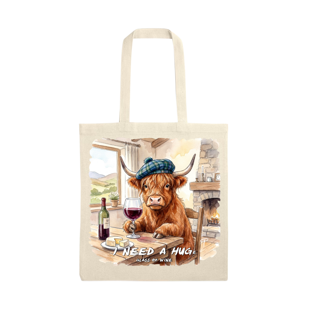 Highland cow tote bag' huge glass of wine'