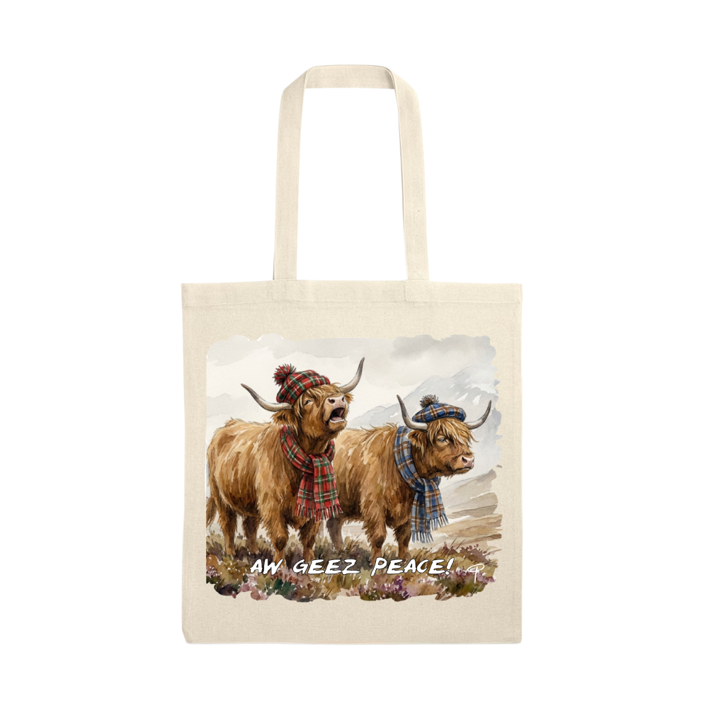 Highland cow tote bag' geez peace'