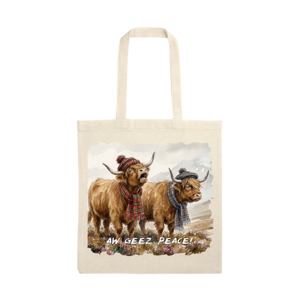 Highland cow tote bag' geez peace'
