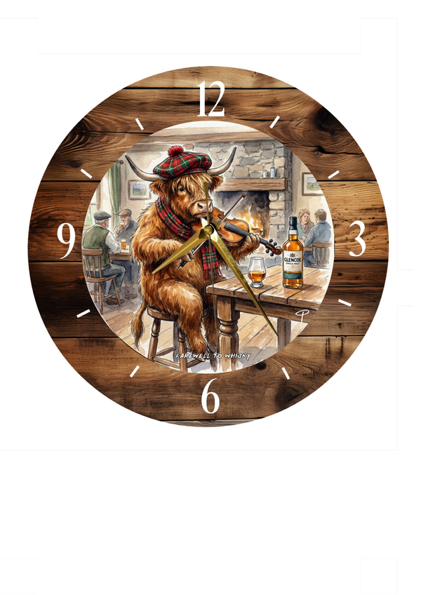 Highland cow clock 'Farewell to Whisky'