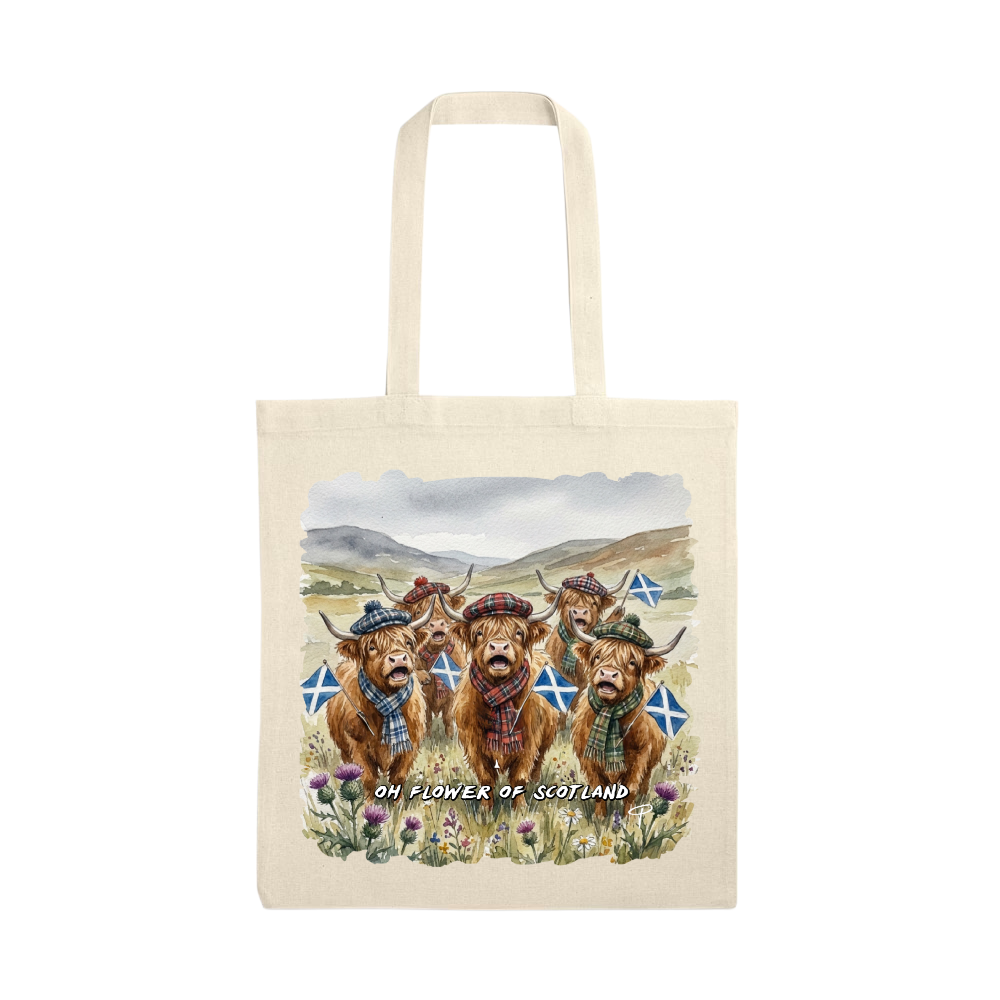 highland cow tote bag 'oh flower of Scotland'