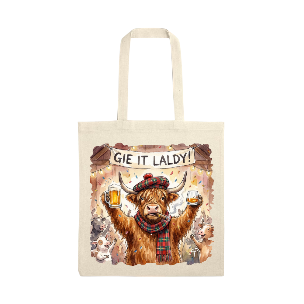 Highland cow tote bag 'gie it laldy'