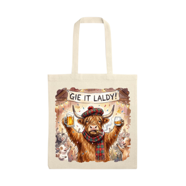Highland cow tote bag 'gie it laldy'