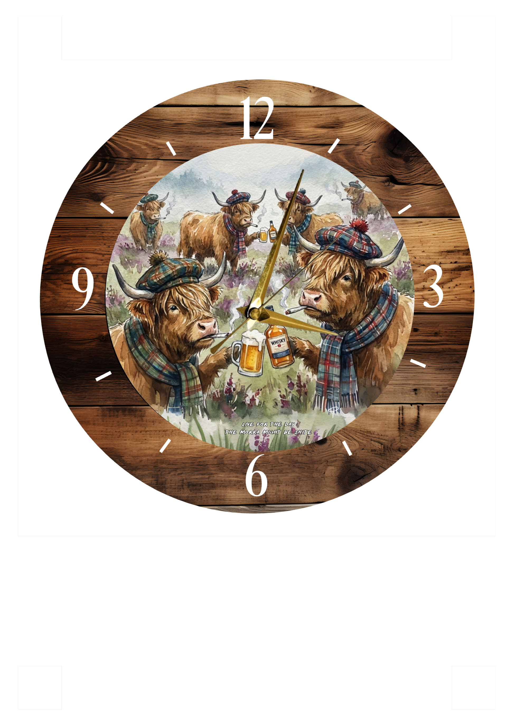 Highland cow clock 'live for the day, the morra might be shite'