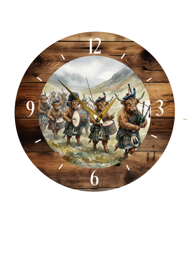 Highland cow clock 'Scotland the brave'