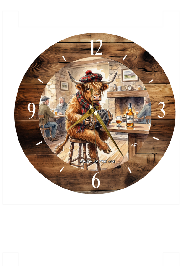 Highland cow clock Whisky in the Jar